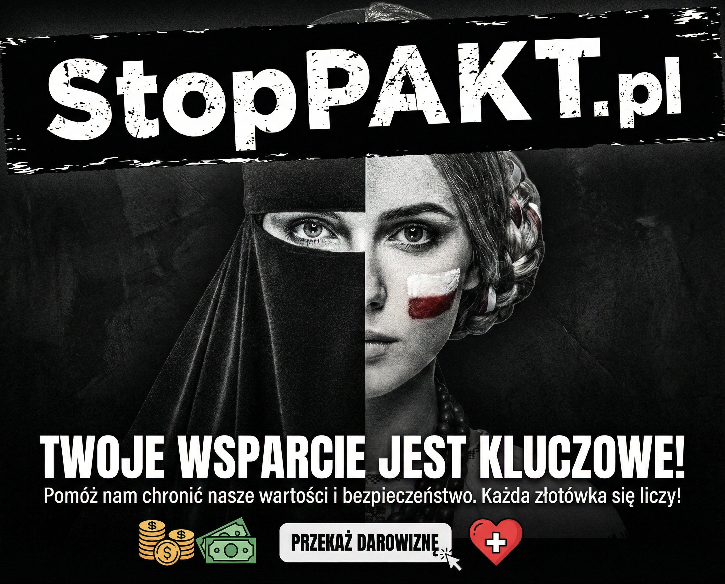 Symboliczna scena: mur, flaga i wspólnota