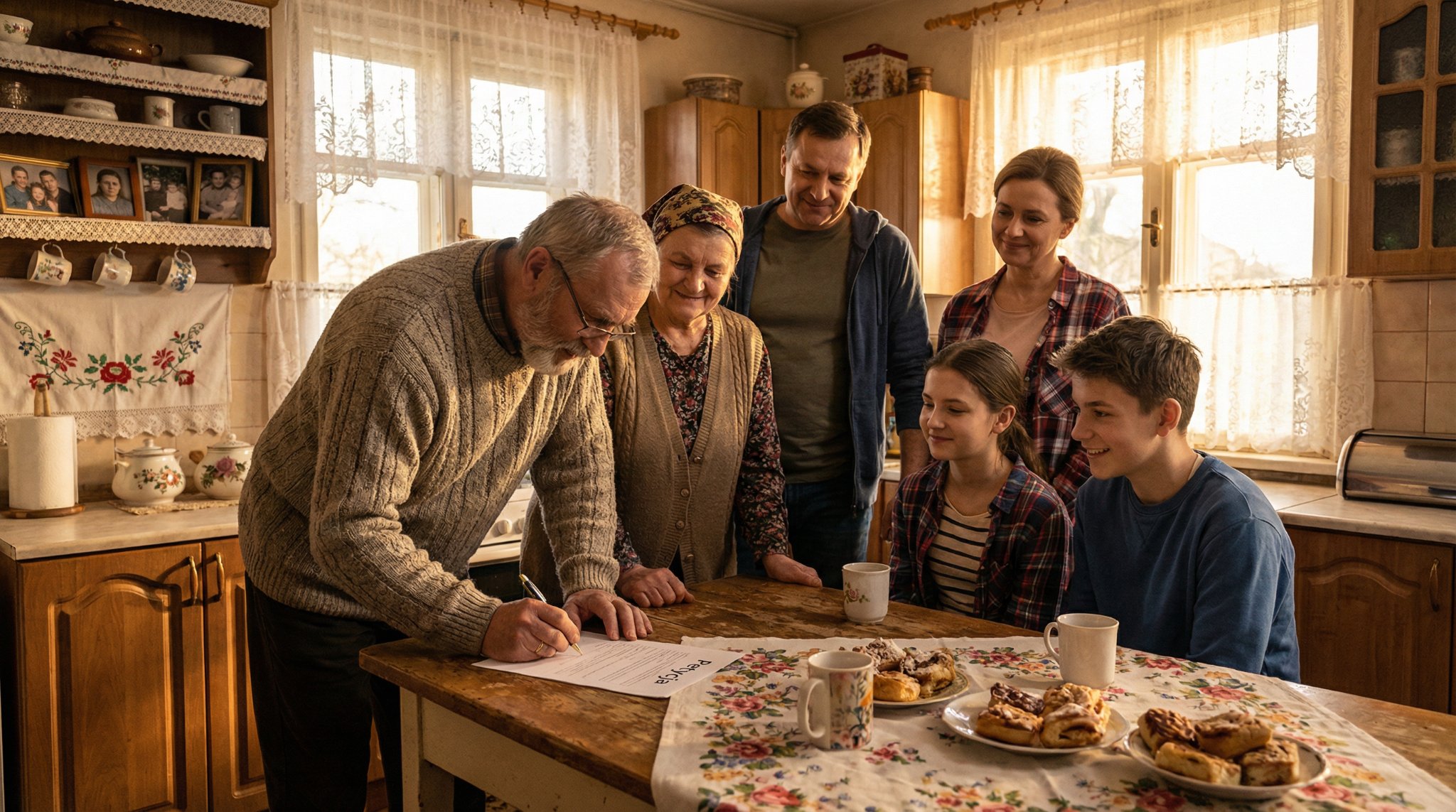Rodzina w domu podpisująca dokumenty przy stole